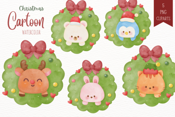 Christmas Wreath Watercolor and Animal Clipart for Festive Projects